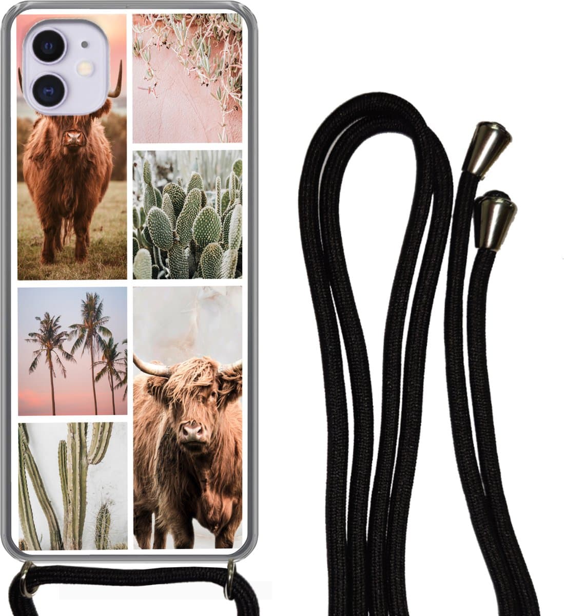 Telefoonhoesje Geschikt voor iPhone 11 - Schotse hooglander - Vetplant - Pastel - Siliconen - Crossbody - Backcover met Koord - Telefoonhoesje met koord - Hoesje met touw Telefoonhoesje