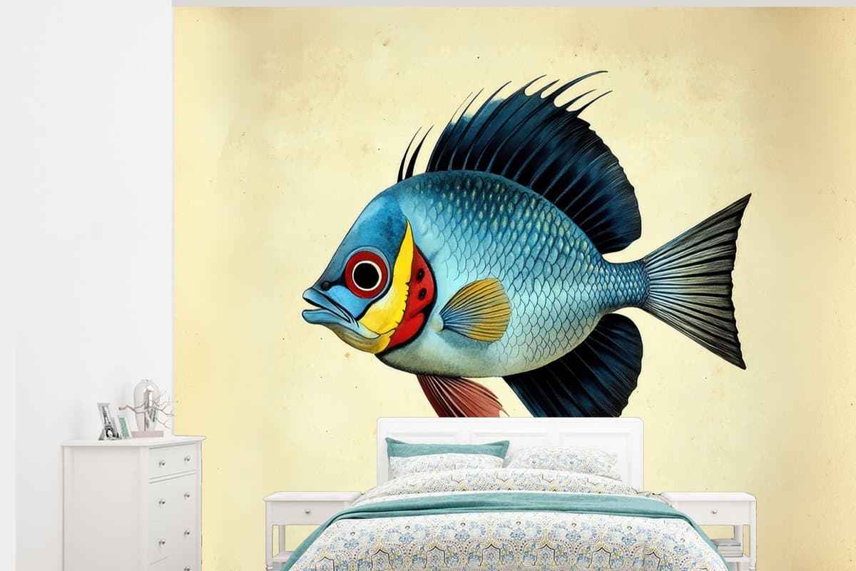 Behang - Fotobehang Blauw - Kieuwen - Vis - Illustratie - Breedte 375 cm x hoogte 300 cm