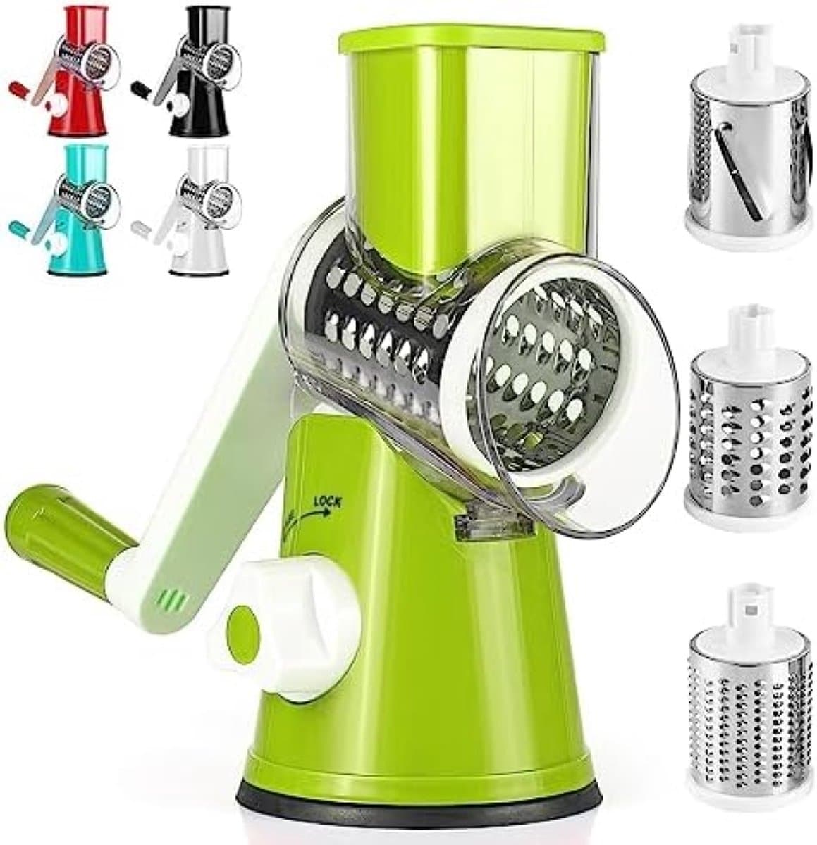 PromoHome Handmatige Keukenrasp 3-in-1 Groentesnijder met Zwengel, 4 Verwisselbare RVS Messen, Zuigbasis, Vaatwasserbestendig, BPA-vrij - Ideaal voor Groenten, Kaas, Noten en Chocolade