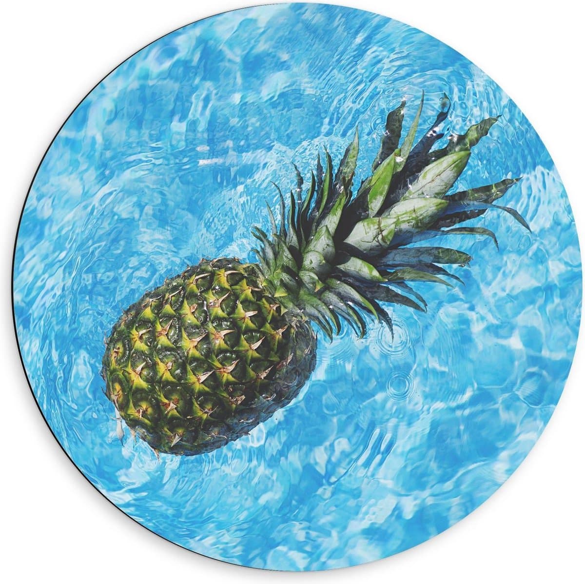 Dibond Wandcirkel - Ananas Drijvend in Water - 60x60cm Foto op Aluminium Wandcirkel (met ophangsysteem)