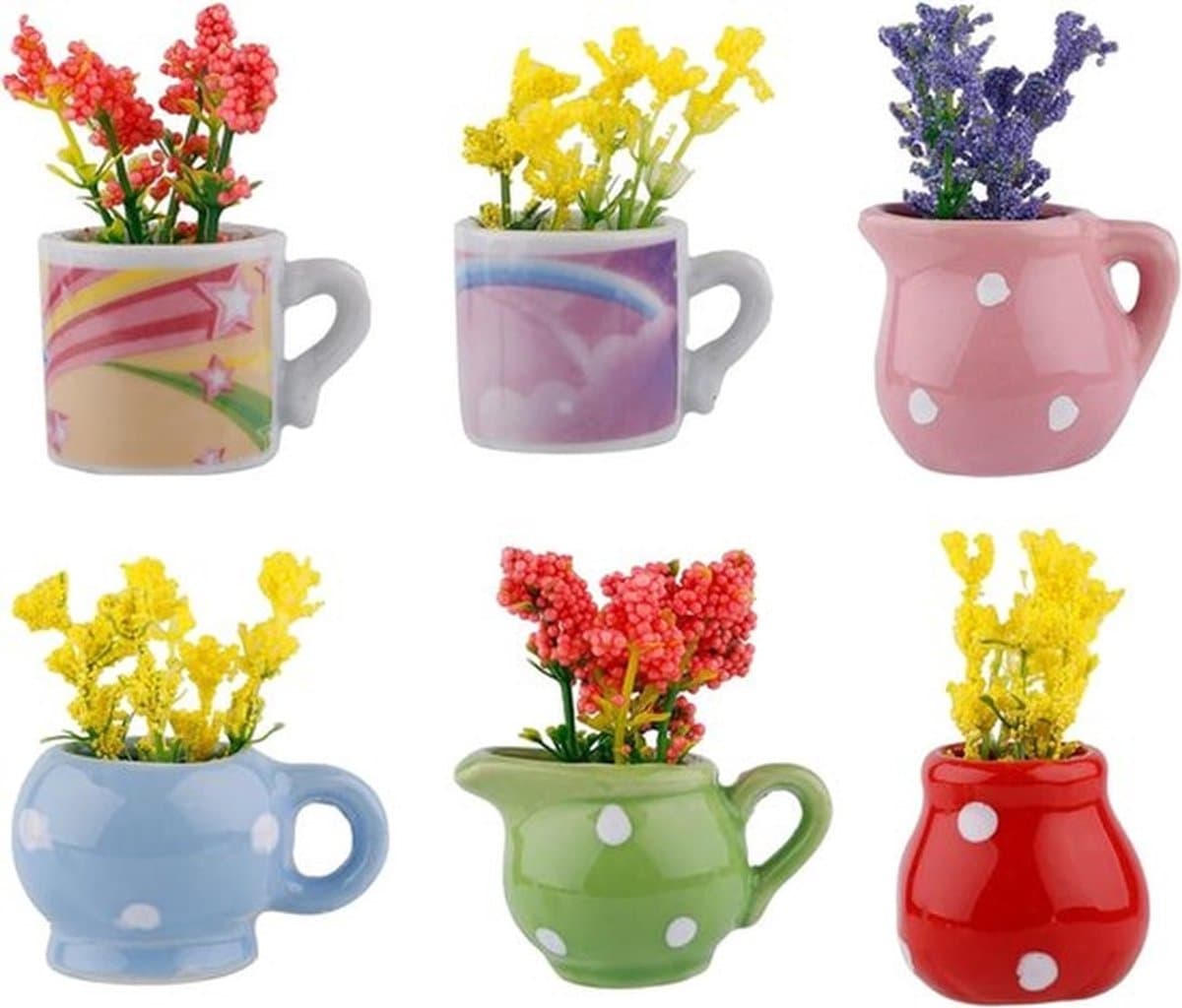 6 stuks mini keramische vaas magneten voor koelkast, magnetische keramische vaas-knoppen, kleine 3D-plantenmagneten voor koelkast, decoratie voor koelkast/keuken/kantoor (incl. kunstbloemen)