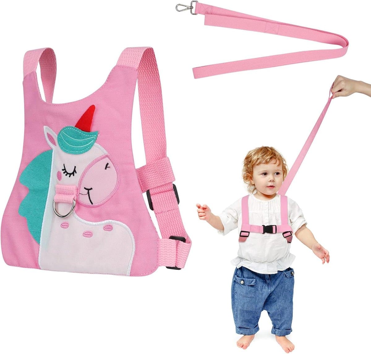 Veiligheidslijn voor baby‘s en veiligheidsharnas voor peuters, voorkomt verloren lopen, ponythema voor jongens en meisjes (roze)