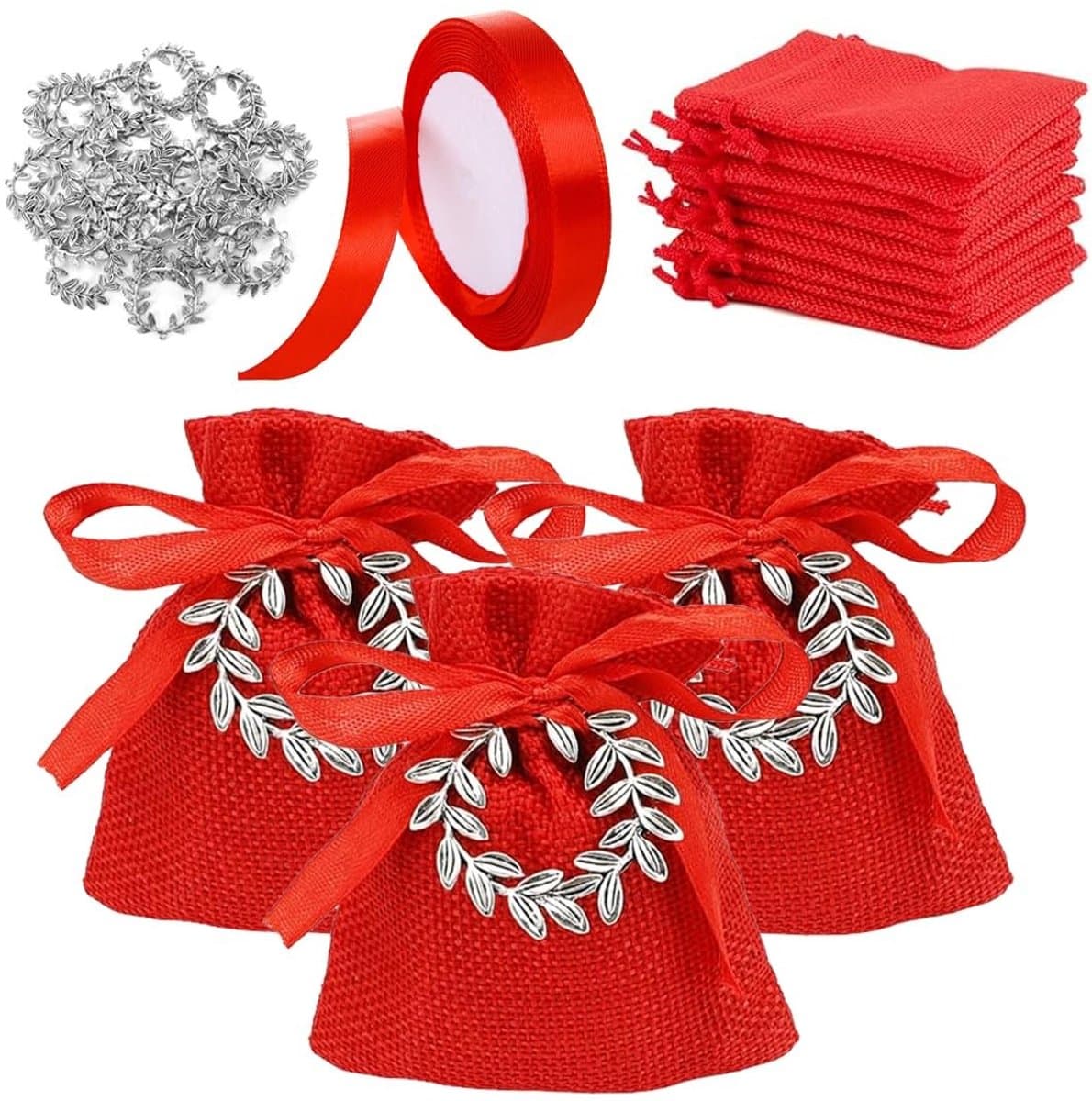 Dailygoods- Gastgeschenken set - 10 Geschenktassen - 10 Lauwerkrans-hangers - 1 Rol Rood Lint - Hoogwaardige Materialen - Praktisch Ontwerp - Geschenkzakjes