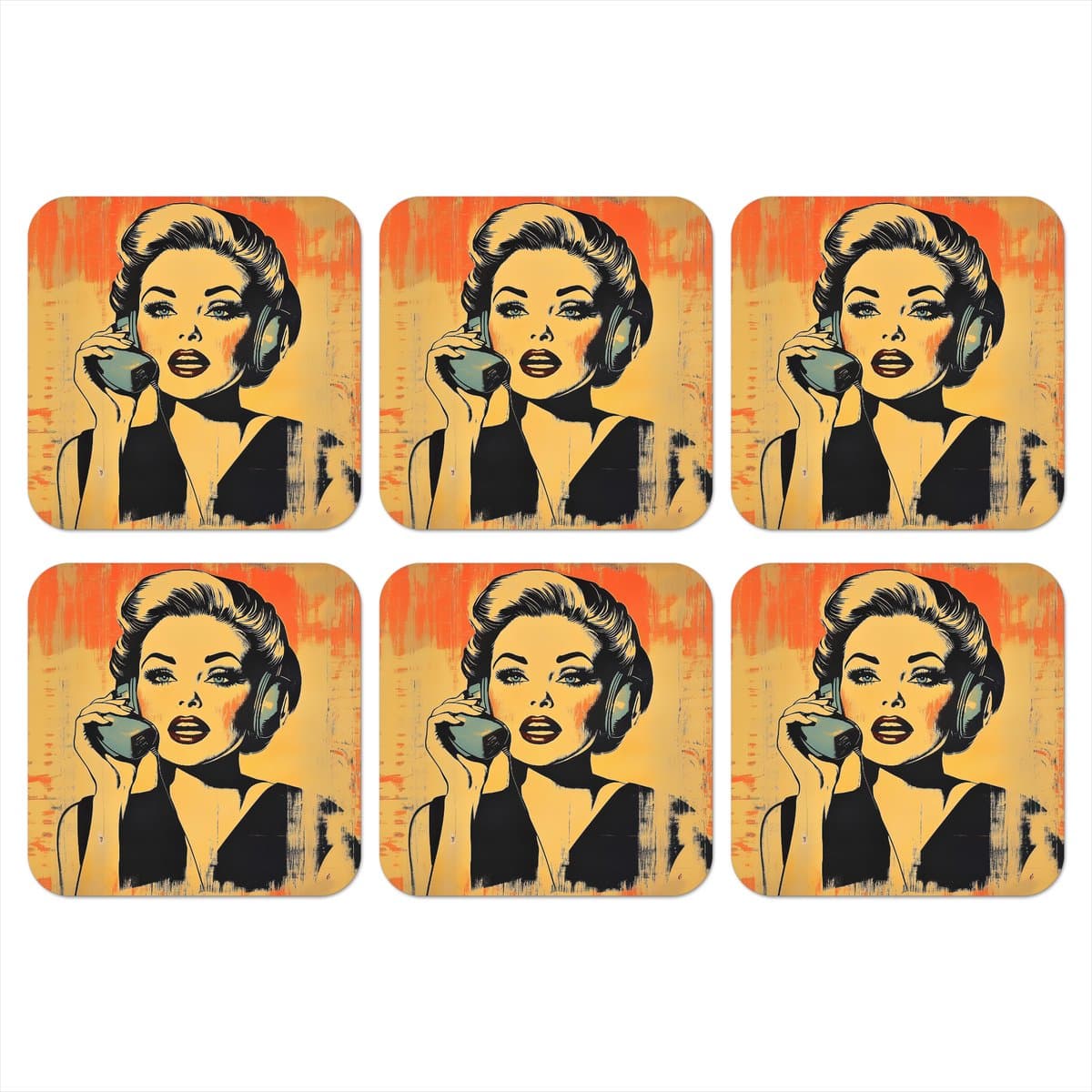 Onderzetters voor glazen - Retro - Vrouw - Koptelefoon - Oranje - 10x10 cm - Glasonderzetters - 6 stuks