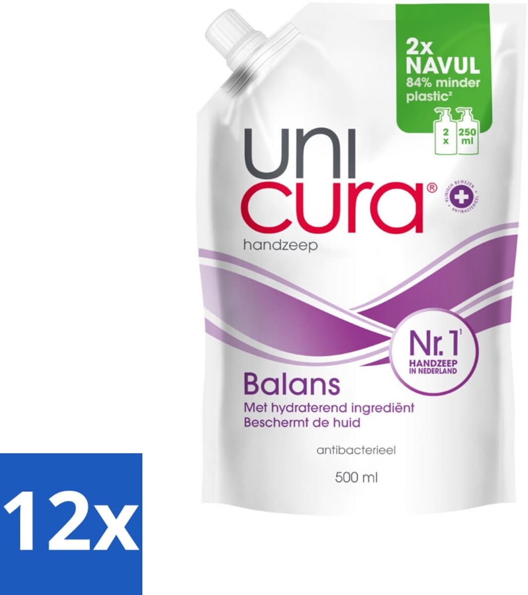 Unicura – Vloeibare Handzeep Navulling – Balans – 500 ml - Voordeelverpakking - 12 stuks