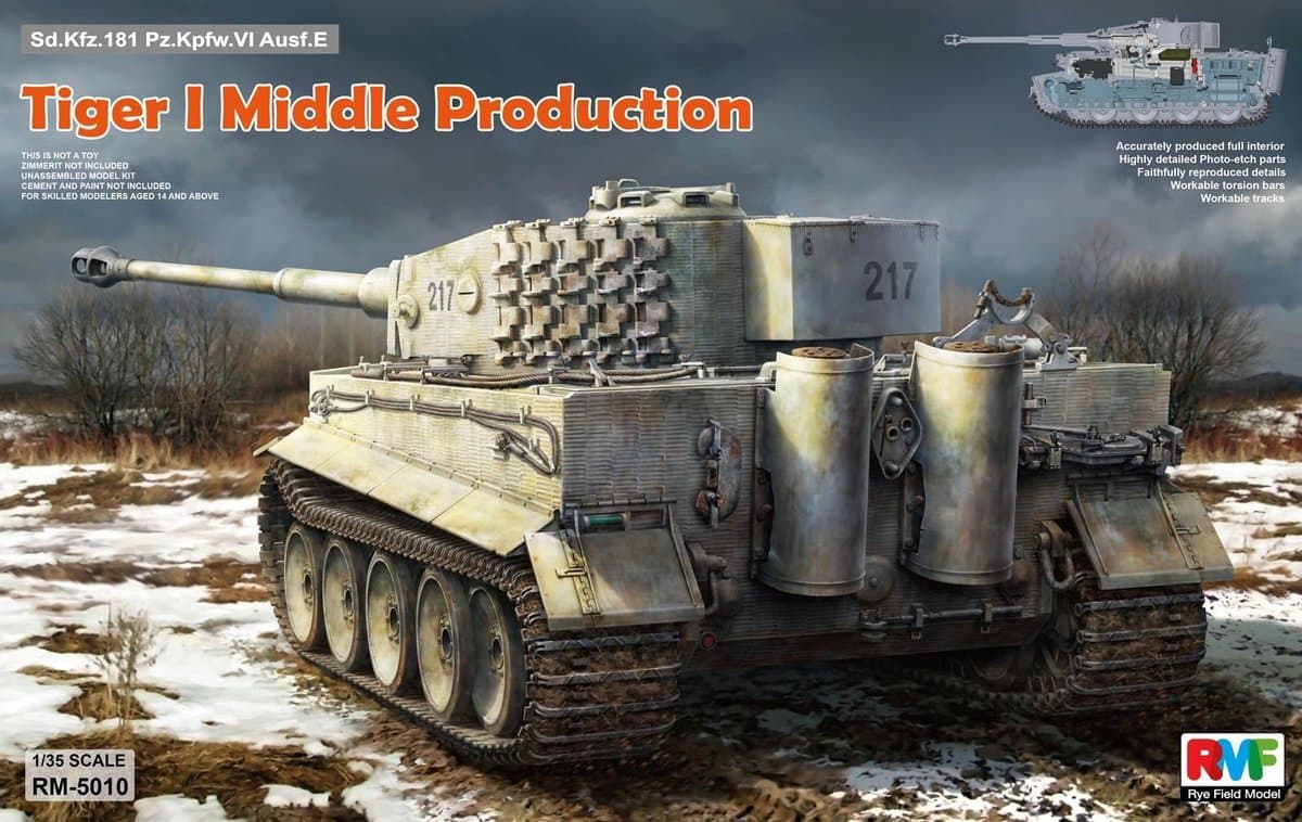 Rye Field Model Modelbouwpakket Militaire voertuigen - 5010 Tiger I Middle Production w/Full Interior Plastic - 1:35 - Modelbouw