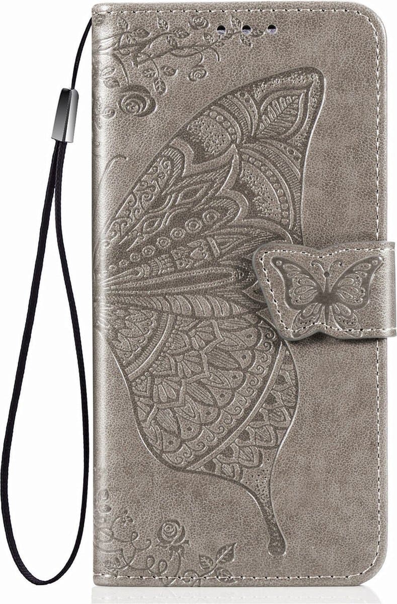 Hoesje geschikt voor Samsung Galaxy A35 - Bookcase - Pasjeshouder - Portemonnee - Vlinderpatroon - Kunstleer - Grijs