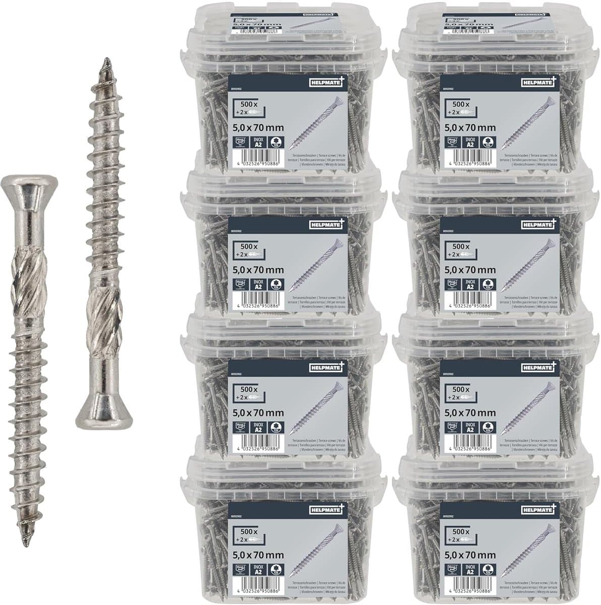 HELPMATE – Terrasschroeven 5x70 roestvrij staal A2 – 4000 stuks plankenschroeven + 2 T25-bits – Terrasschroeven voor buitengebruik (terrasbouw, tuinhuisjes, houtconstructies enz.)
