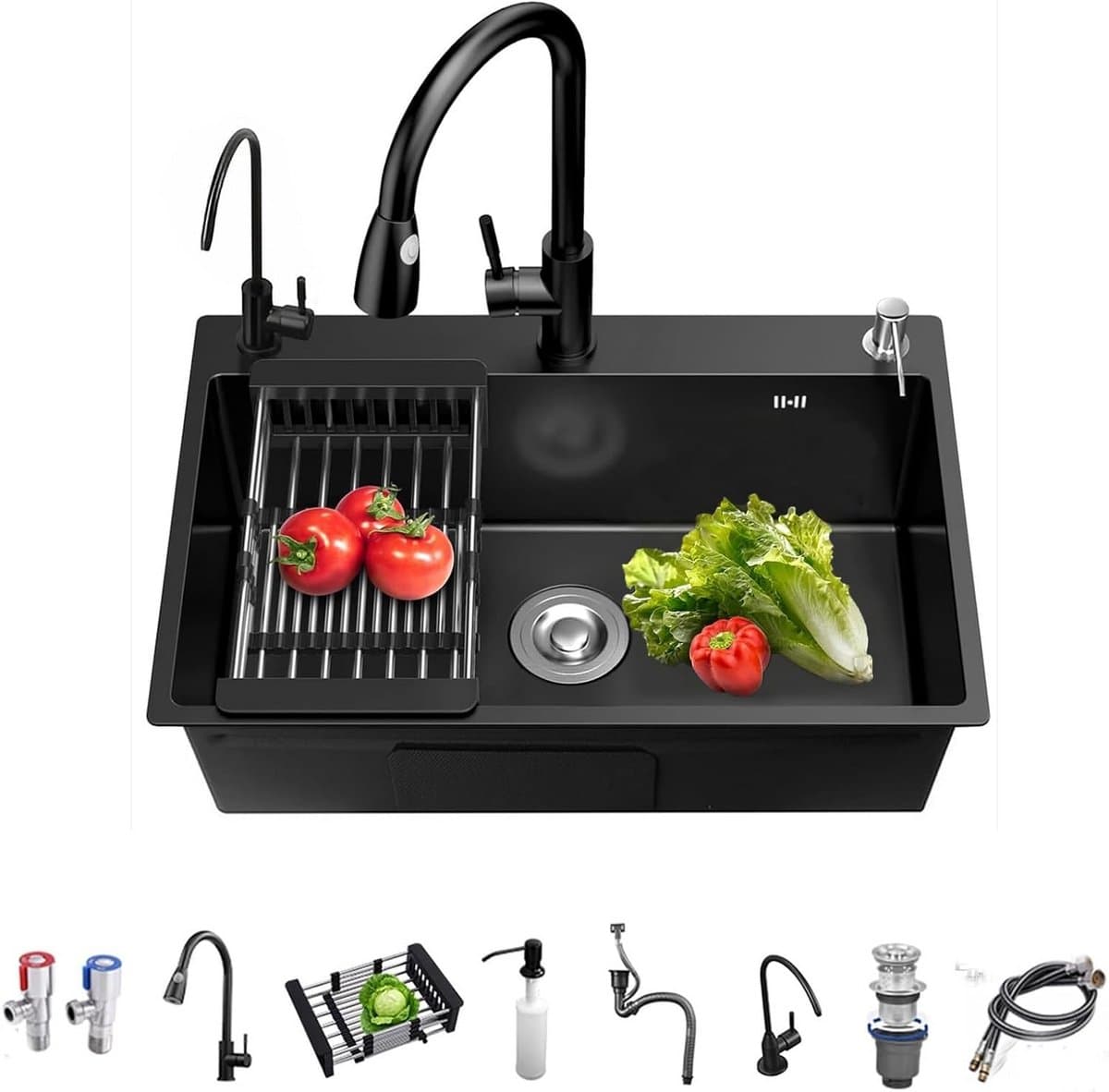 Zwarte RVS Keukenspoelbak 60x45cm - Onderbouw/Bovenbouw Werkstation Spoelbak Inclusief Accessoires