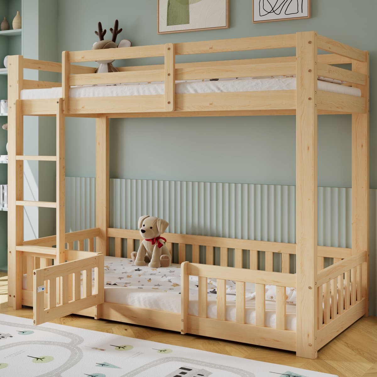 MODFU - Stapelbed 90x200 cm – Naturel massief hout met trap, deurtje & hekwerk – EN747