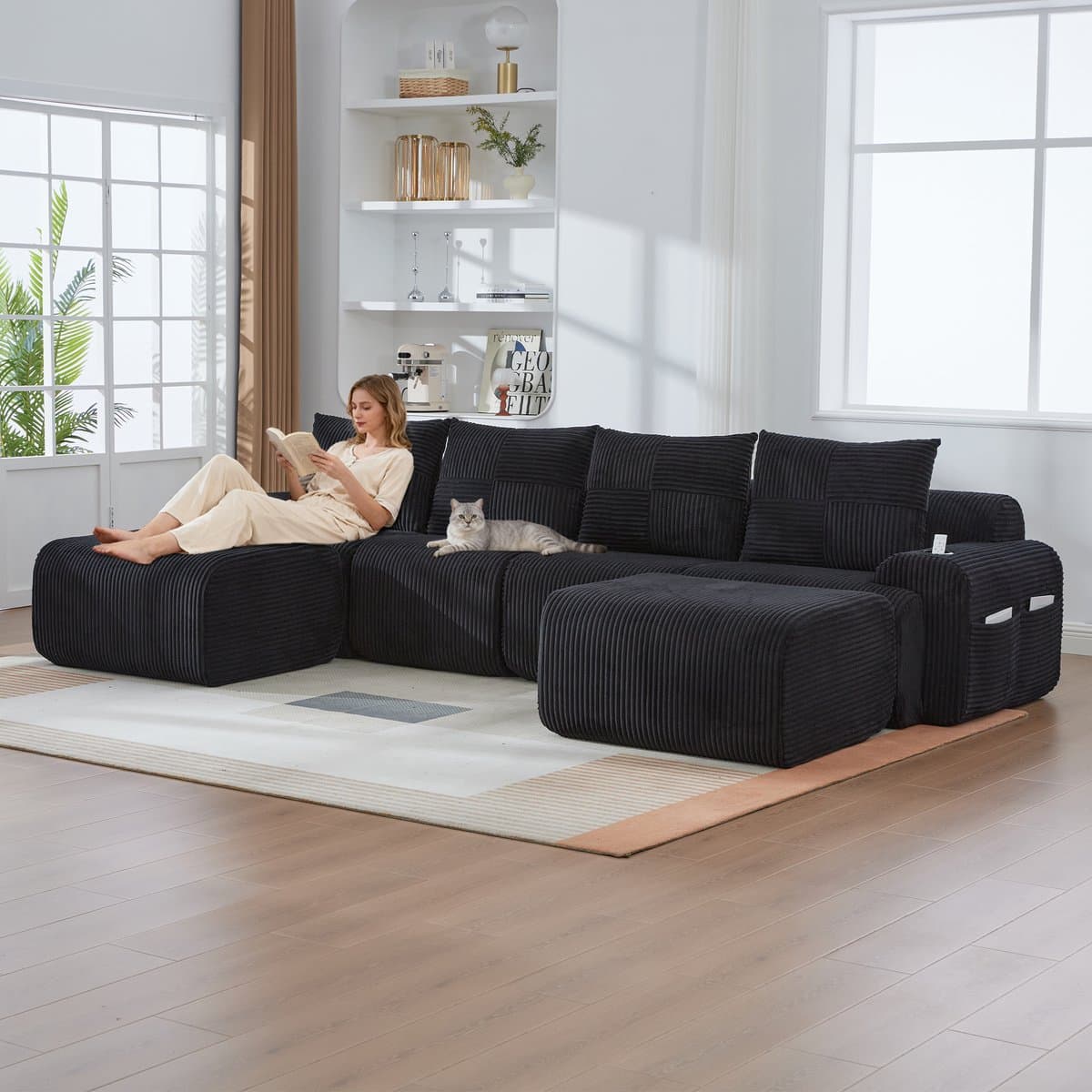 MIVRAY Hoekbank 333 x 174 cm - Modulair 4-Zits Met Bekerhouder En Opbergvak - Voor Woonkamer En Lounge - Cord Zwart