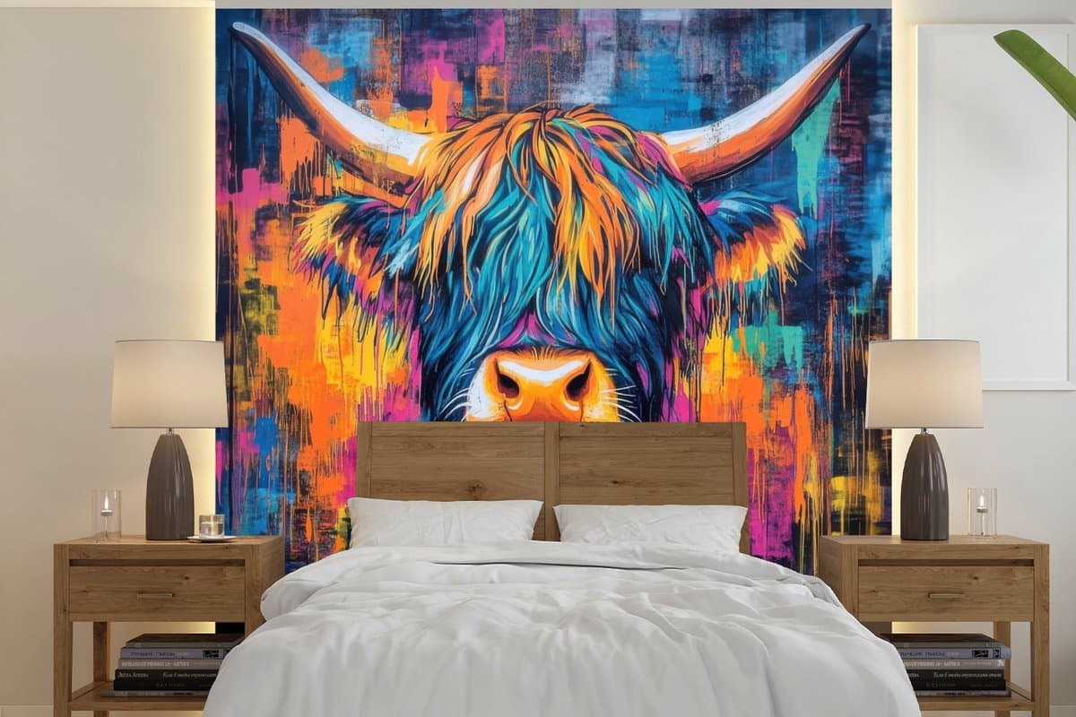 Behang - Fotobehang Schotse Hooglander - Abstract - Kleurrijk - Breedte 350 cm x hoogte 350 cm