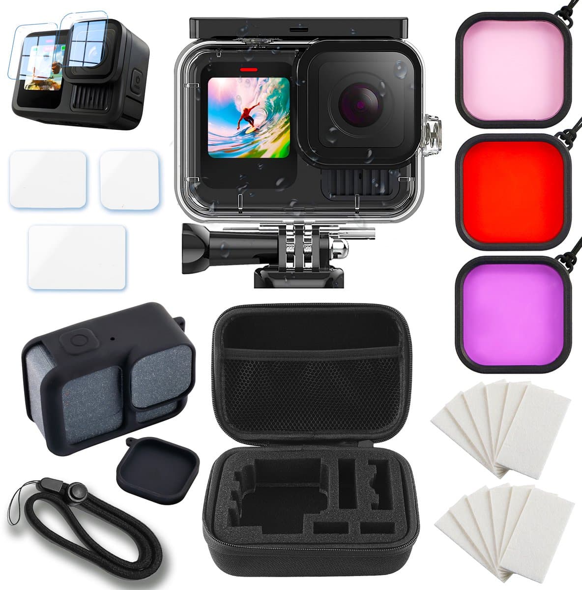 MOJOGEAR Accessoire-set geschikt voor GoPro 13 - Waterdichte case tot 50M diep - GoPro 13 duikfilters - Handige opbergcase - Silicone beschermhoes met lenskapje - Anti-fog inserts - Screenprotector-set - GoPro accessoires - Zwart