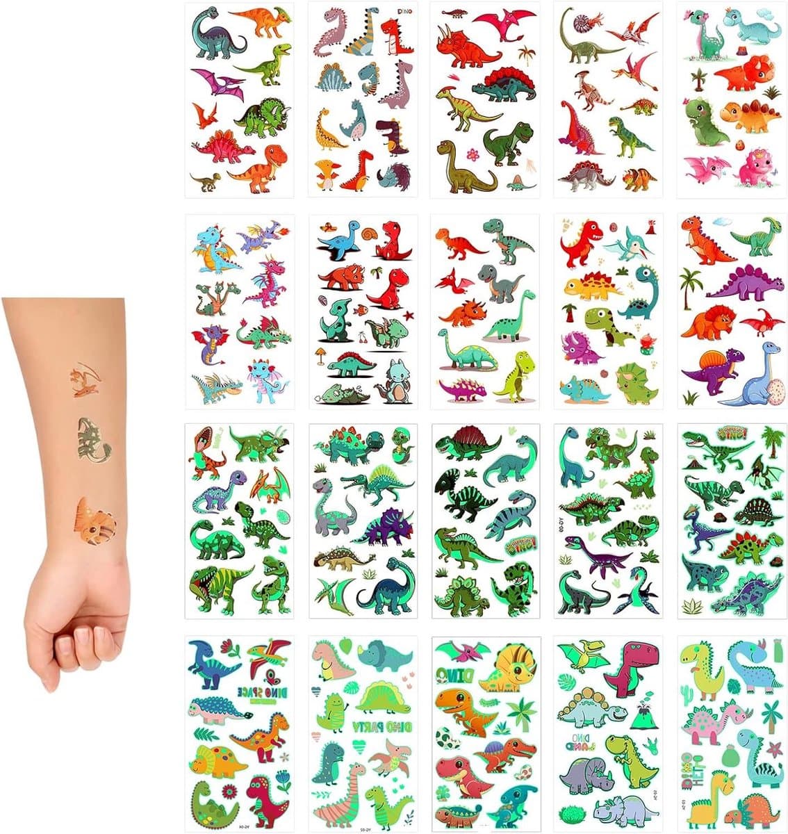 JHubers Goods - 20 Vel Tijdelijke Tattoo Stickers voor Kinderen - Glow in the Dark Dinosaurs - Waterdichte Cartoon Tatoeages voor Kinderfeestje - Dino Thema