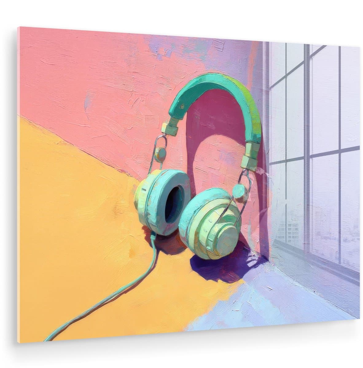 MuchoWow® Glasschilderij 80x60 cm - Schilderij acrylglas - Koptelefoon - Mintgroen - Draad - Foto op glas - Muurdecoratie woonkamer - Wanddecoratie slaapkamer - Schilderijen