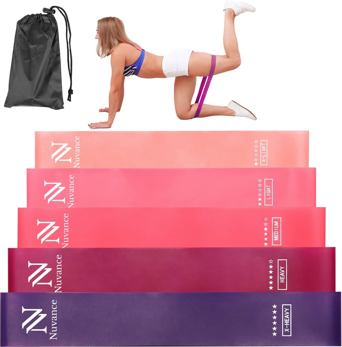 Nuvance Weerstandsbanden Set Incl. Draagtas - 5 Delige Set - Resistance Band - Fitness Elastiek - Incl. eBook - Roze