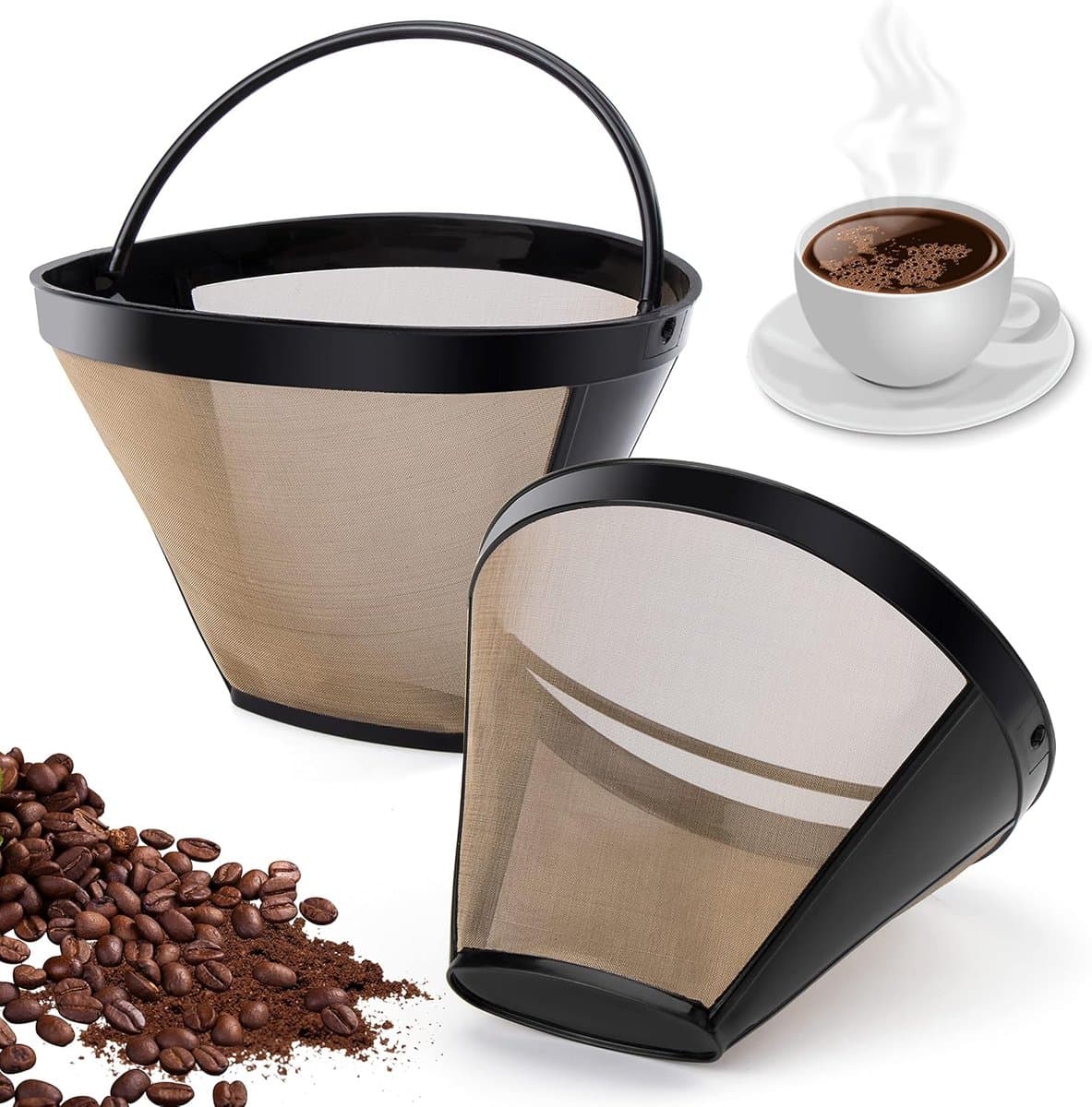Thijox - 2 Stuks Goudkleurfilter Koffiefilter, Permanente Roestvrijstalen Koffiefilters voor 8-12 Kopjes, Wasbaar Mesh-Mandje, Filtermaat 4 voor Koffi