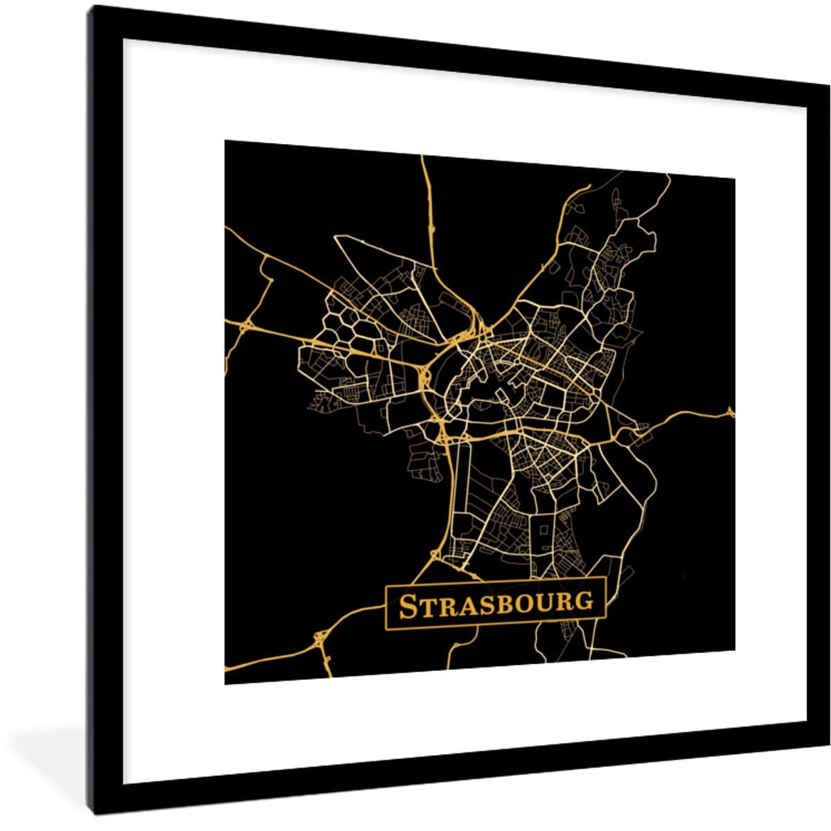 Poster in lijst - Fotolijst 40x40 cm - Posters - Kaart - Strasbourg - Goud - Zwart - Posterlijst zwart - Decoratie - Wanddecoratie woonkamer - Muurdecoratie slaapkamer