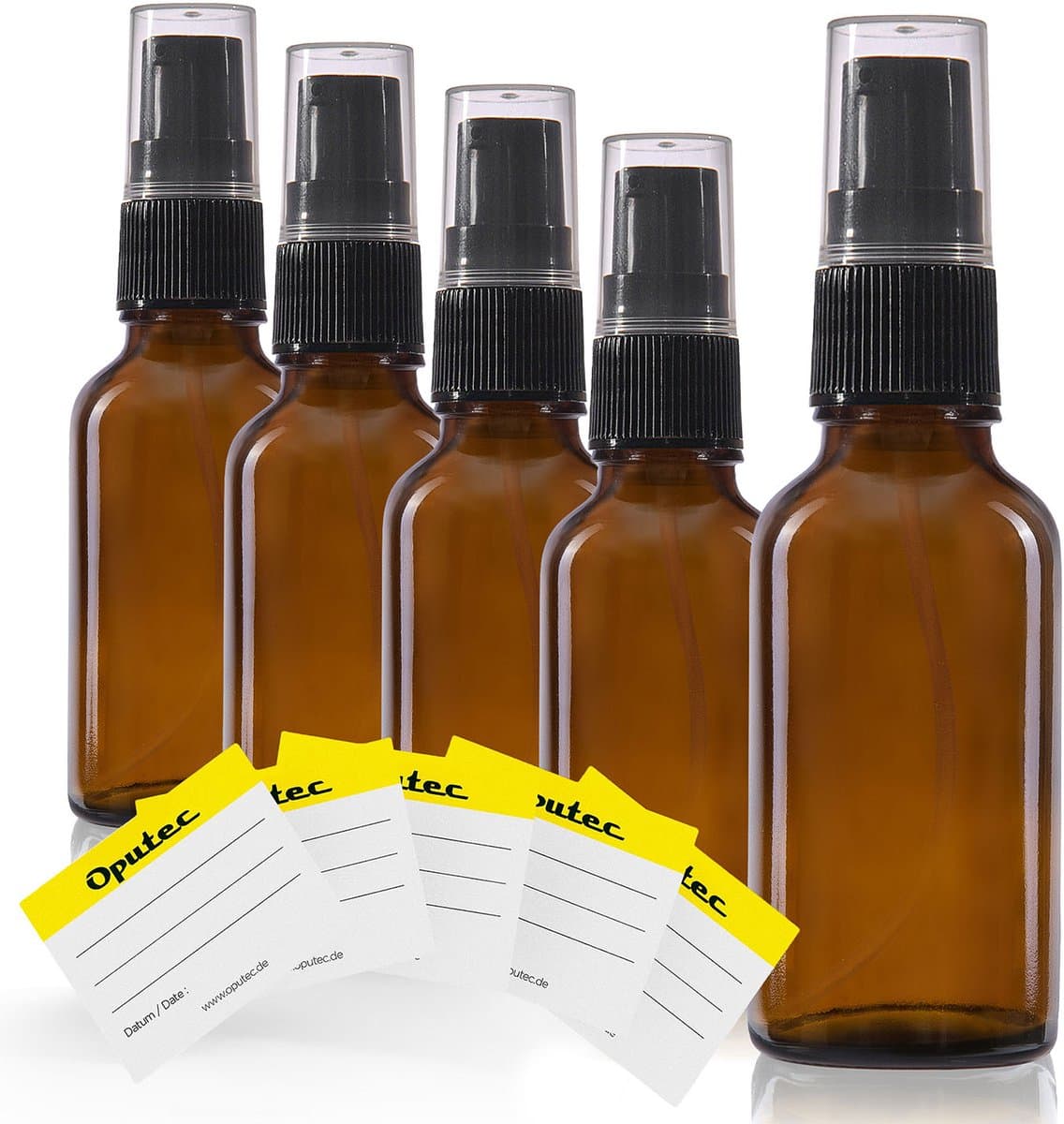 Oputec 5 x 30ml pompflessen – bruine glazen crèmespender & lotionspender – navulbaar & herbruikbaar – met etiketten – dicht & reisvriendelijk