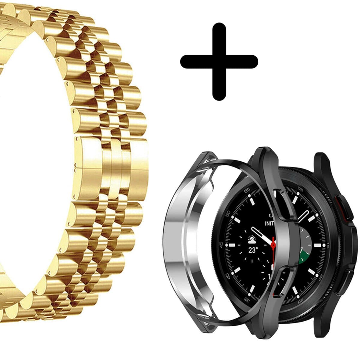 Strap-it geschikt voor Galaxy Watch 4 Classic Bandje 46 mm - Stalen bandje Galaxy Watch 4 Classic 46mm goud - Geschikt voor Geschikt voor Samsung Galaxy Watch 4 Classic 46mm - Bandje staal goud + beschermhoes - Watch 4 Classic 46mm hoesje zwart