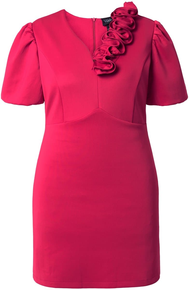 Ulla Popken - Dames - Bodycon-scuba jurk 3D-rozen korte pofmouwen - Magenta - Maat 44