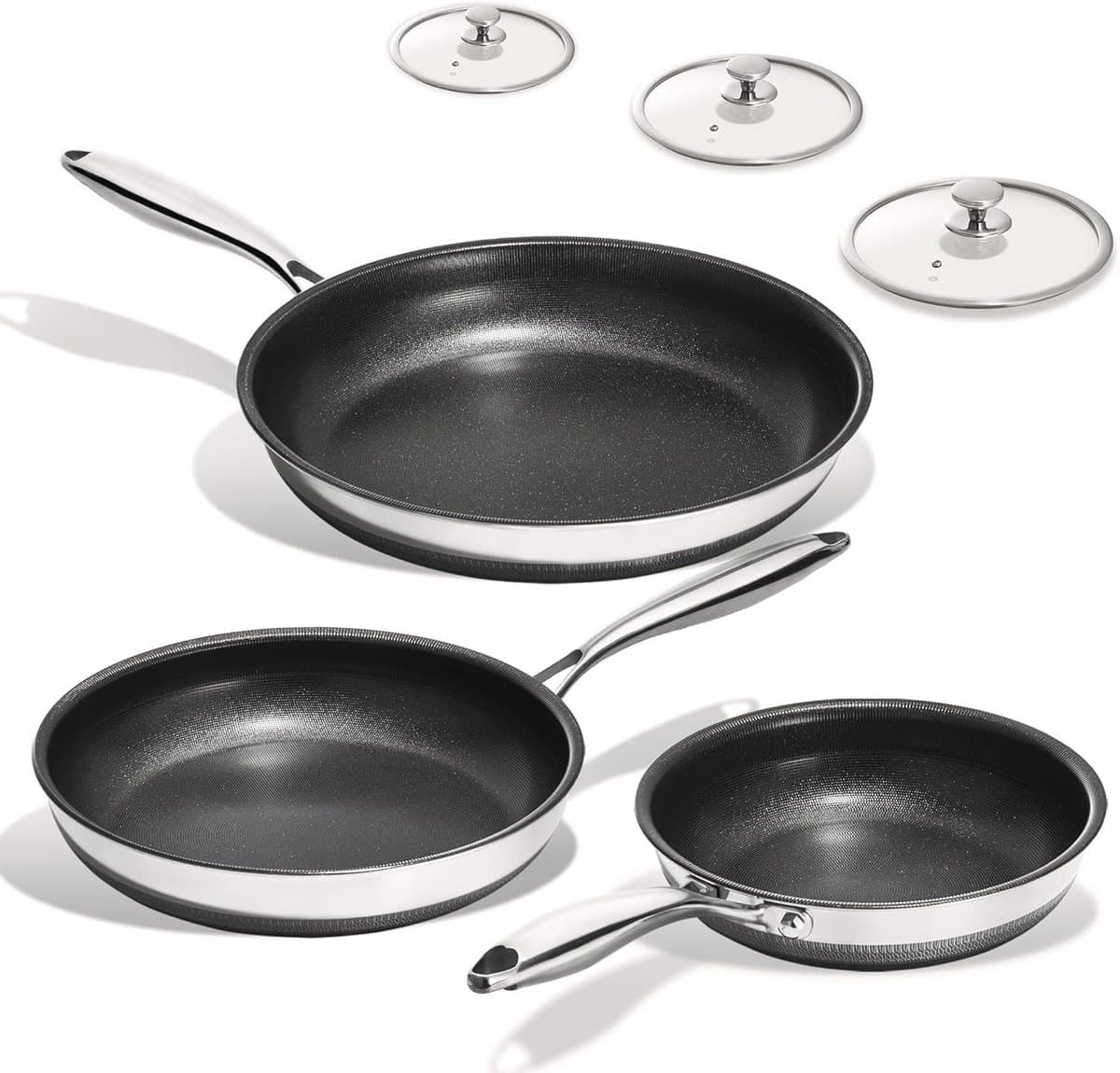 3-delige titanium keramische pan met deksels - anti-aanbak, roestvrij staal, vaatwasmachine- en ovenbestendig