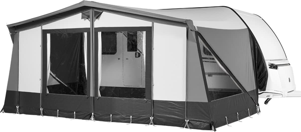 Campout voortent Orion 250 - Omloopmaat 876-900 cm - Luifel - Zonneluifel - Zonwering - Caravan - Schroefloze Bevestiging - Inclusief Tochtstrook, Wielflap, Tentharingen, Ladderspanners en Opbergtas - YKK ritsen - Naadloos Dak - Lichtgrijs